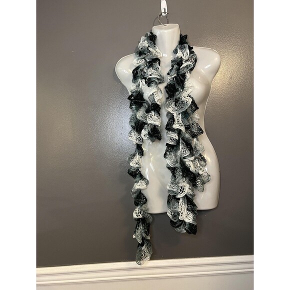 Ruffle Boa Scarf Womens One Size Black Gray White Mesh Lace Ruffle Sashay - Picture 2 of 6